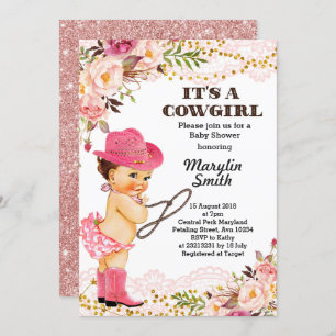 Invitation Dentelle rose de baby shower de cow-girl d'or