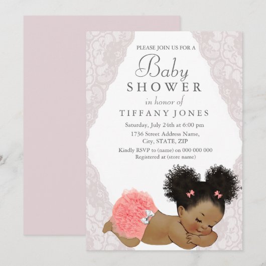Invitation Dentelle rose Ethnic Vintage Baby shower Invitatio (Devant / Derrière)