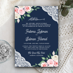 Invitation Dentelle rose Floral Marine bleu QR Code Mariage m