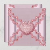 Invitation Dentelle rose Perle Coeur rose Bébé rose Fille Dou (Devant / Derrière)