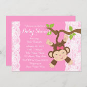 Invitation Dentelle rose singe bébé fille douche (Devant / Derrière)
