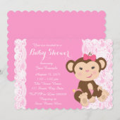 Invitation Dentelle rose singe bébé fille douche (Devant / Derrière)