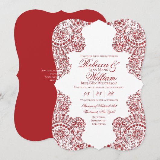 Invitation Dentelle rouge et blanche Élégant Mariage gothique (Devant / Derrière)