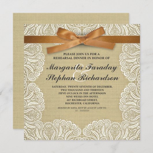 Invitation dentelle ruban & burlap répétition rustique dîner (Devant / Derrière)