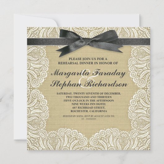 Invitation dentelle ruban & burlap répétition rustique dîner (Devant)