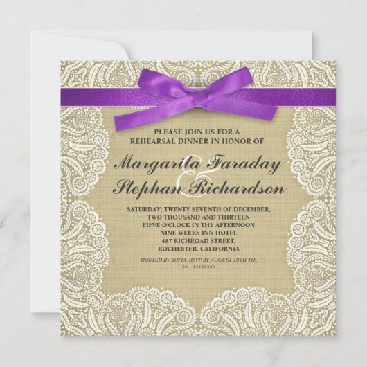 Invitation dentelle ruban & burlap répétition rustique dîner (Devant)