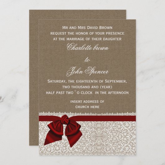 Invitation Dentelle russe Mariage rouge (Devant / Derrière)