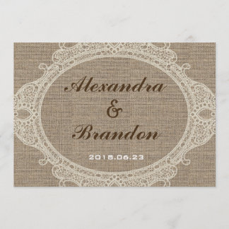 Invitation Dentelle rustique antique de toile de jute de pays