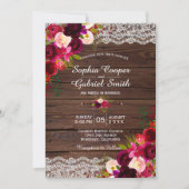 Invitation Dentelle Rustique Bourgogne Florale | Mariage camp (Devant)