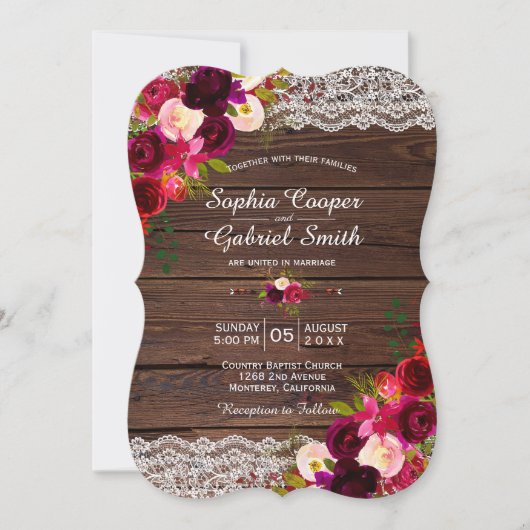 Invitation Dentelle Rustique Bourgogne Florale | Mariage camp (Devant)