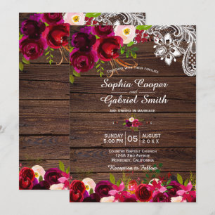 Invitation Dentelle Rustique Bourgogne Florale Mariage en b