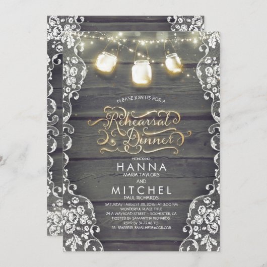 Invitation Dentelle rustique en bois Mason Jar Lights Dîner d (Devant / Derrière)