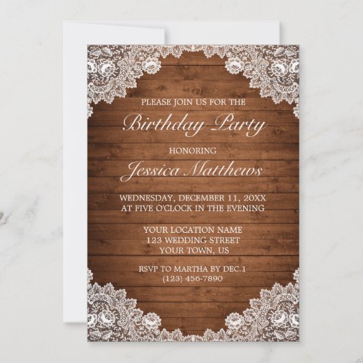 Invitation Dentelle rustique et blanche sur mesure Anniversai (Devant)