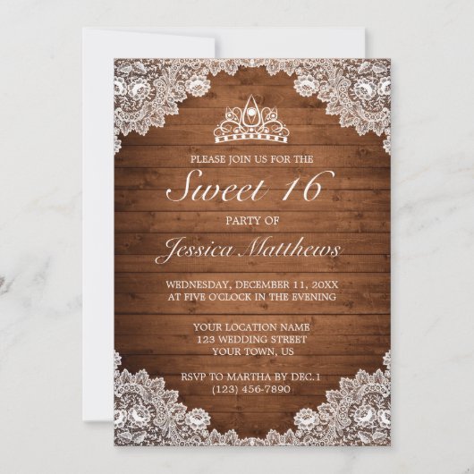 Invitation Dentelle rustique et blanche Tiara Sweet 16 (Devant)