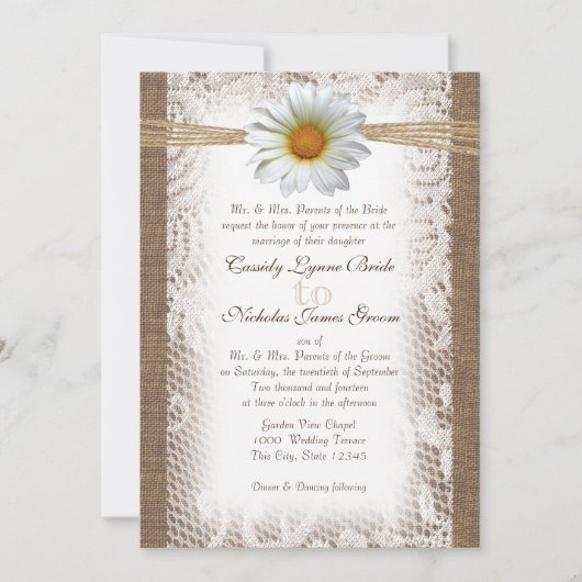 Invitation Dentelle rustique et Burlap avec Daisy comme Gazan (Devant)
