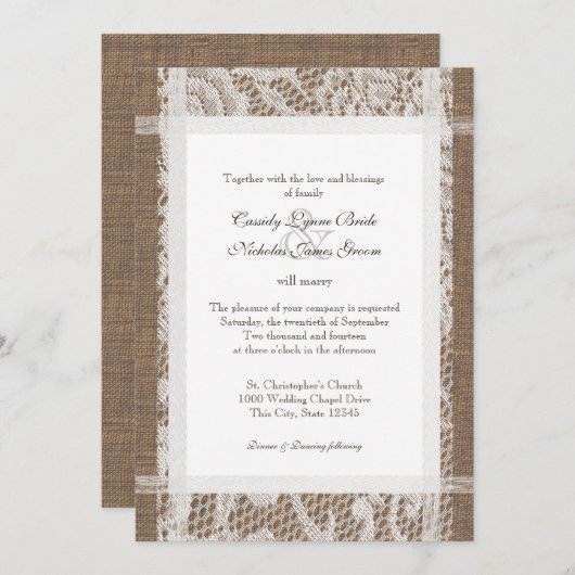 Invitation Dentelle rustique et Mariage Burlap 7x5 (Devant / Derrière)