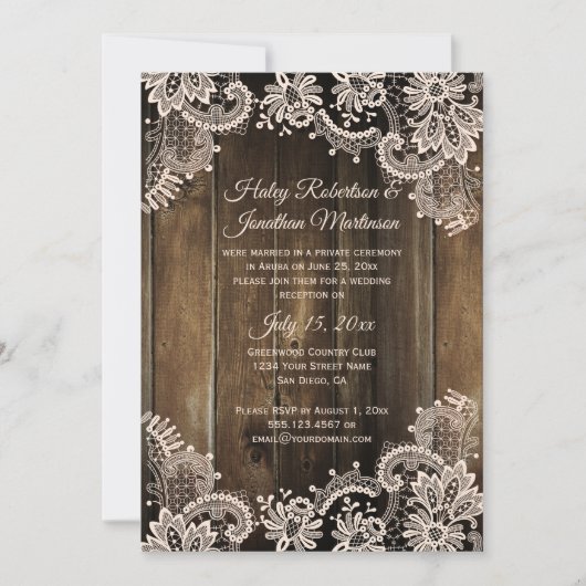 Invitation Dentelle rustique et réception avec bois de grange (Devant)