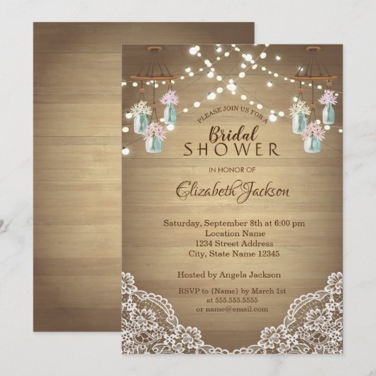 Invitation Dentelle Rustique, Jarre Mason Floral, Lumières À (Devant / Derrière)