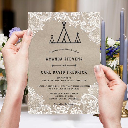 Invitation Dentelle Rustique Kraft Extérieur Mariage Tente Ti