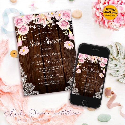 Invitation Dentelle Rustique Lumière Baby shower Floral