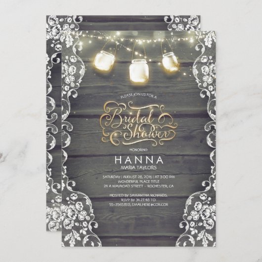 Invitation Dentelle rustique Mason Jar Lumières Fête des mari (Devant / Derrière)