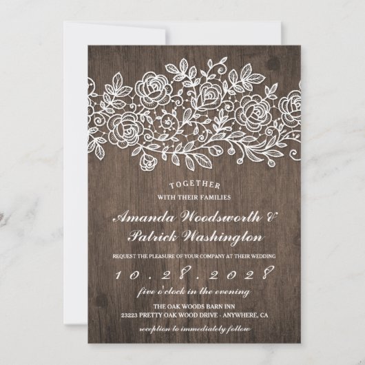 Invitation Dentelle rustique Pays Grange Bois Mariage Invitat (Devant)