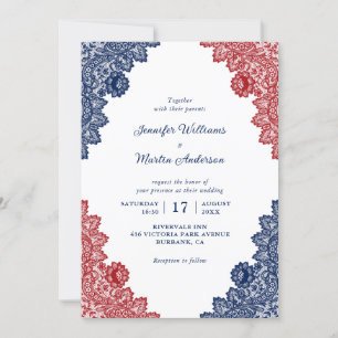 Invitation Dentelle Rustique personnalisée Marine Bleu et Mar