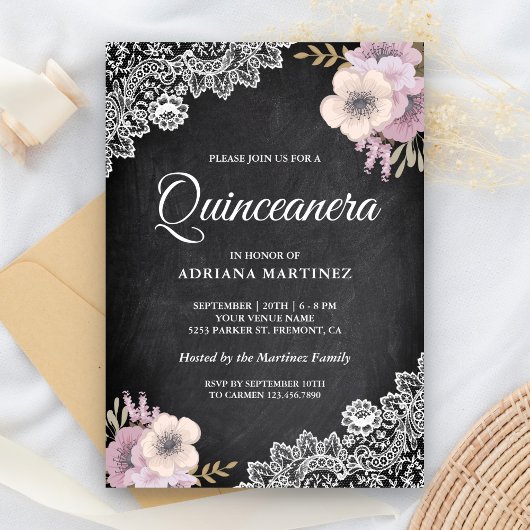 Invitation Dentelle Rustique Pink Floral Quinceanera