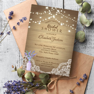 Invitation Dentelle rustique, Pot Mason lavande, Guirlande lu