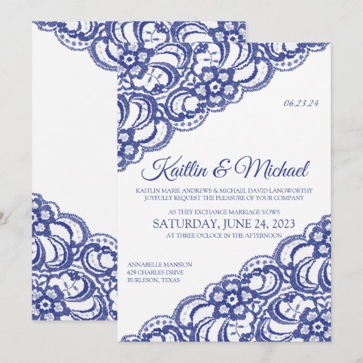 Invitation Dentelle rustique - Royal Blue (Devant / Derrière)