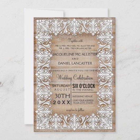 Invitation Dentelle rustique style de grange en bois Mariage (Devant)