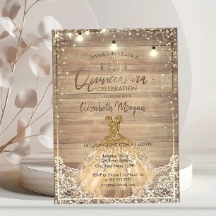 Invitation Dentelle rustique, Tiara, Lumières, Robe Bois Quin
