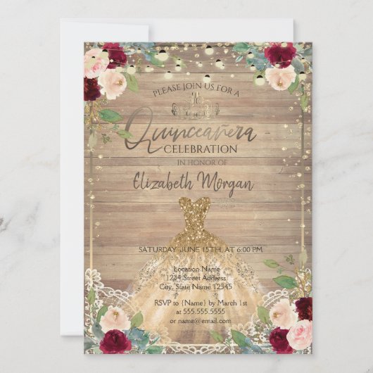 Invitation Dentelle, Tiara, Lumières, Robe, Bois Rose Quincea (Devant)