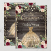 Invitation Dentelle, Tiara, Robe, Rose en bois foncé Quinceañ (Devant / Derrière)