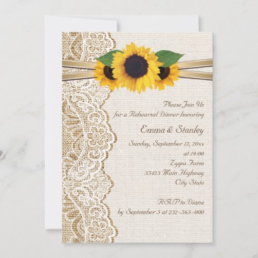 Invitation Dentelle, tournesol & burlap Dîner de répétition m (Devant)