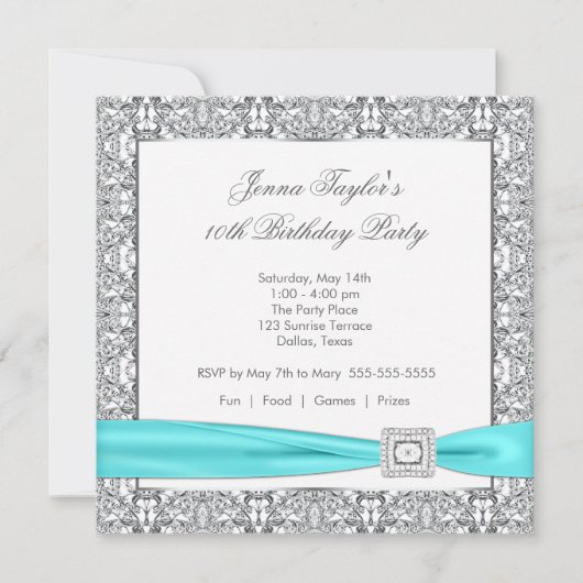 Invitation Dentelle Turquoise Diamant Bleu Filles10ème annive (Devant)