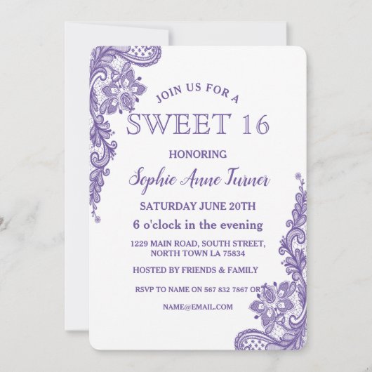 Invitation Dentelle ultra violette moderne SWEET 16 (Devant)