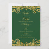 Invitation Dentelle vert foncé et or élégant mariage (Devant)