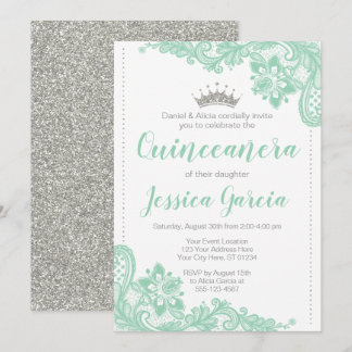 Invitation Dentelle verte et Parties scintillant d'argent Pri