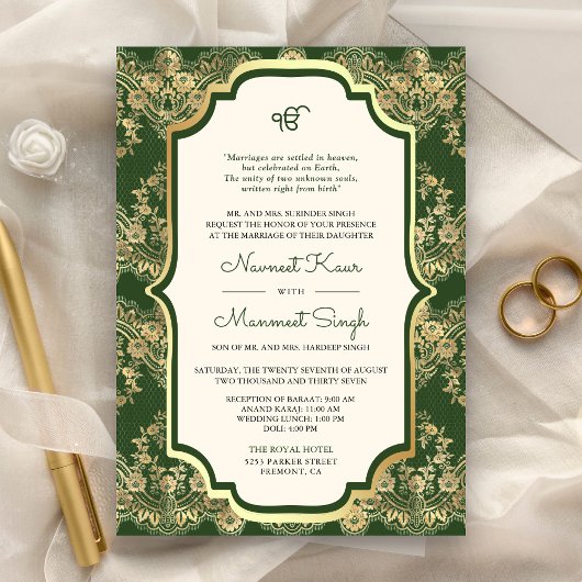 Invitation Dentelle verte QR Code Anand Karaj Sikh Mariage