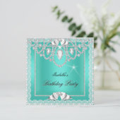 Invitation Dentelle verte turquoise Élégante Diamants Anniver (Debout devant)
