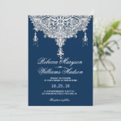 Invitation Dentelle Vintage classique sur Mariage bleu marine (Debout devant)