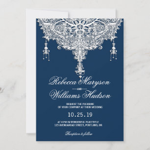 Invitation Dentelle Vintage classique sur Mariage bleu marine