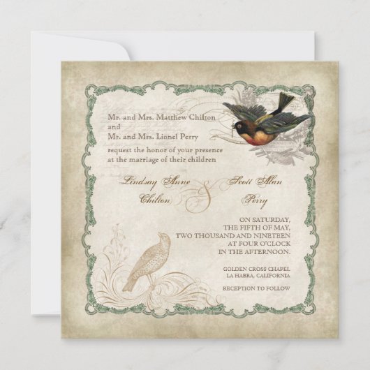 Invitation Dentelle Vintage des Inséparables Roses français - (Devant)