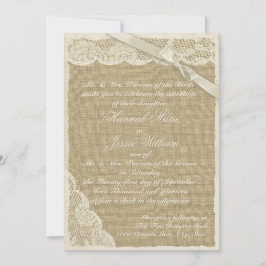 Invitation Dentelle vintage et Burlap (Devant)