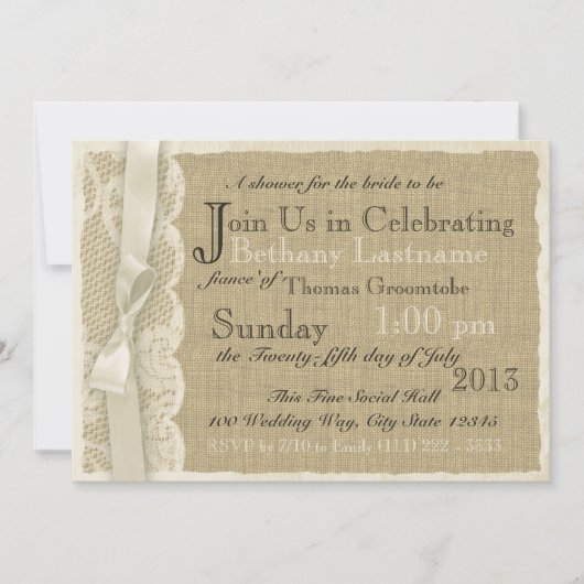 Invitation Dentelle vintage et Fête des mariées Burlap (Devant)