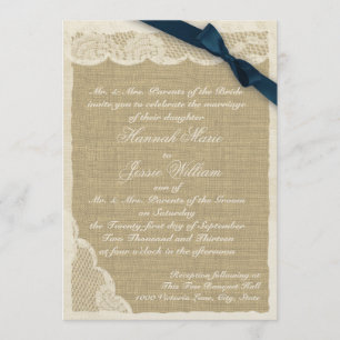 Invitation Dentelle vintage et ruban bleu marine Burlap