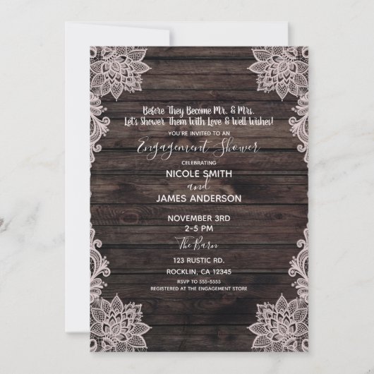 Invitation Dentelle vintage Florale Bois rustique Fiançailles (Devant)