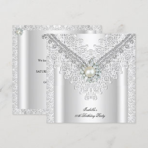 Invitation Dentelle Vintage Perle Argent Blanc Élégant Annive