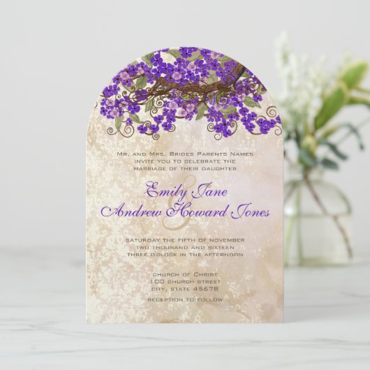 Invitation Dentelle vintage pourpre en fleurs (Debout devant)